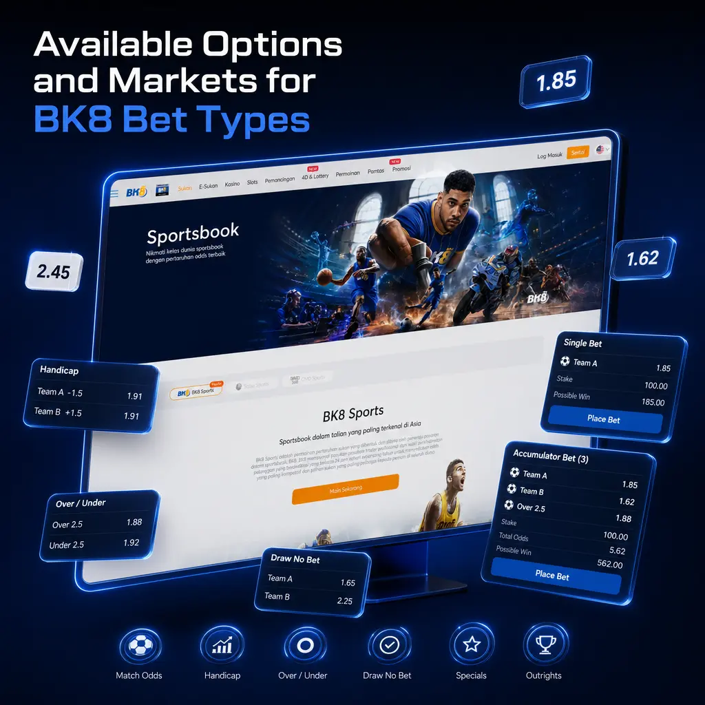 BK8 bet types: Asian Handicap, Over/Under, Mix Parlay, Money Line, and Correct Score wager options explained