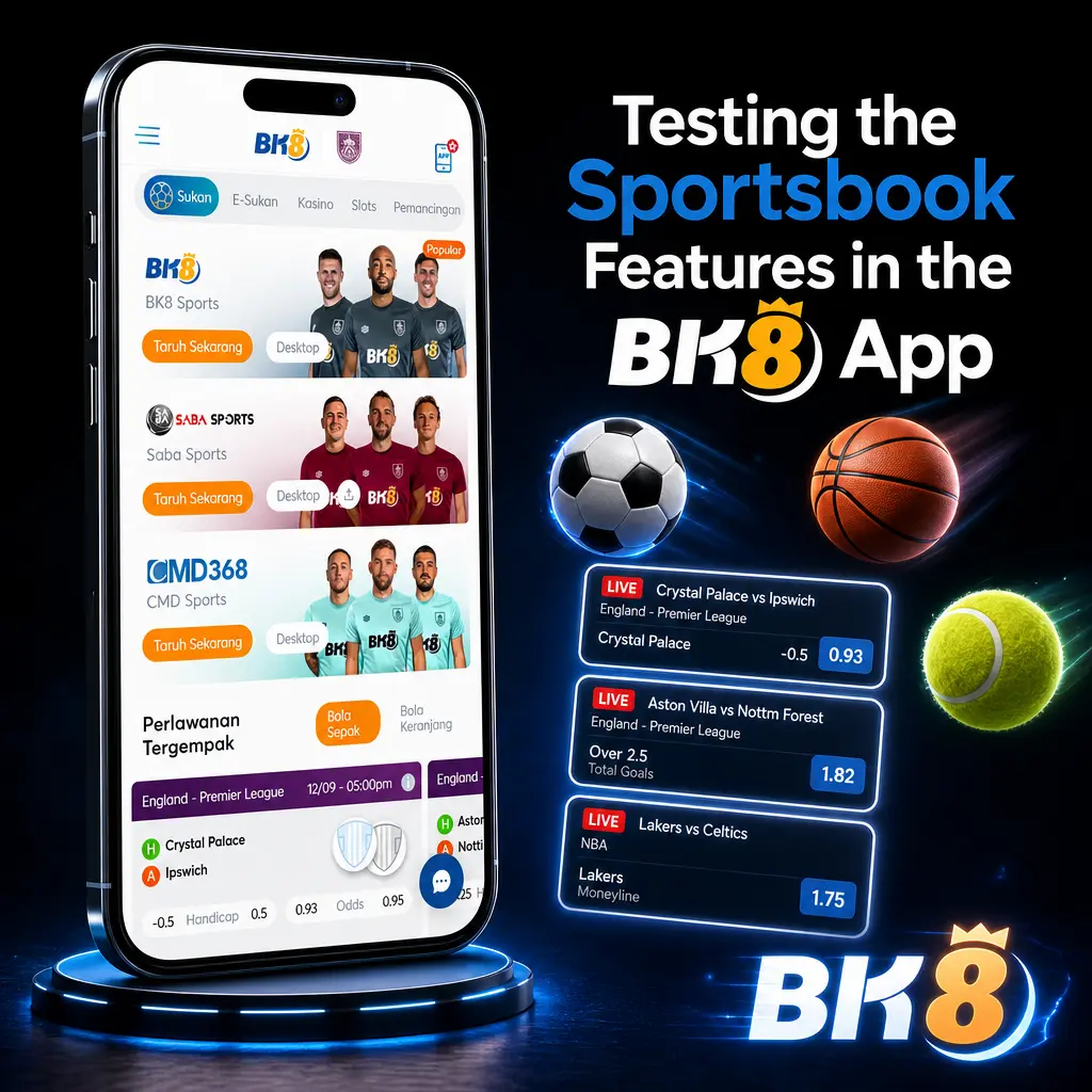 Screenshot of BK8 app sportsbook showing live odds, bet slip, and sports list including football, basketball, and esports.
